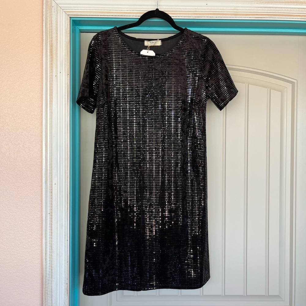 Black crushed velvet and sequin mini dress